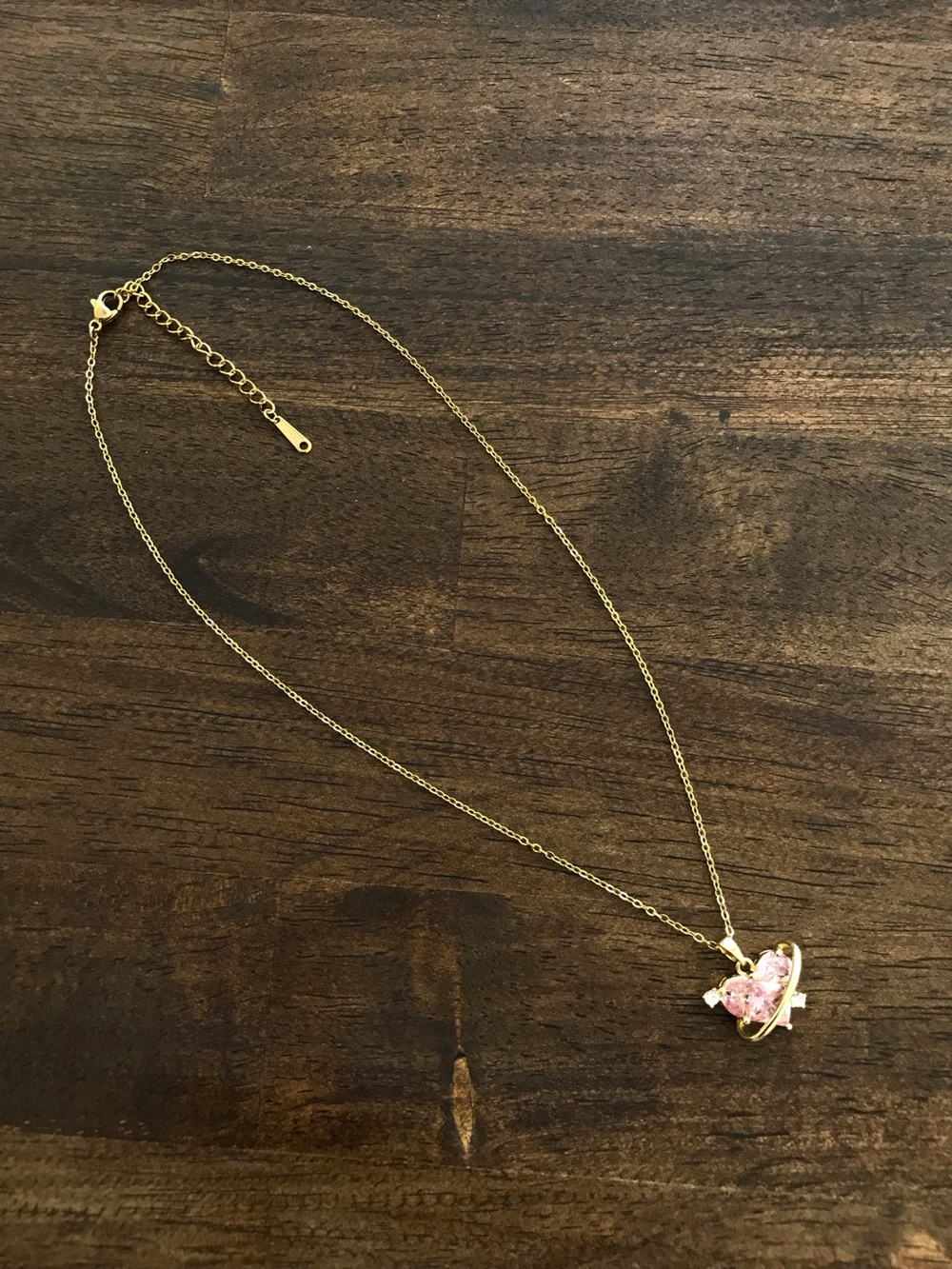Gold Tone Stainless Steel Non-Tarnish Dainty Delicate Pink Heart Pendant 16”